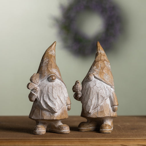 Melrose Carved Spring Gnome Figurine, Set of 2, Brown/White