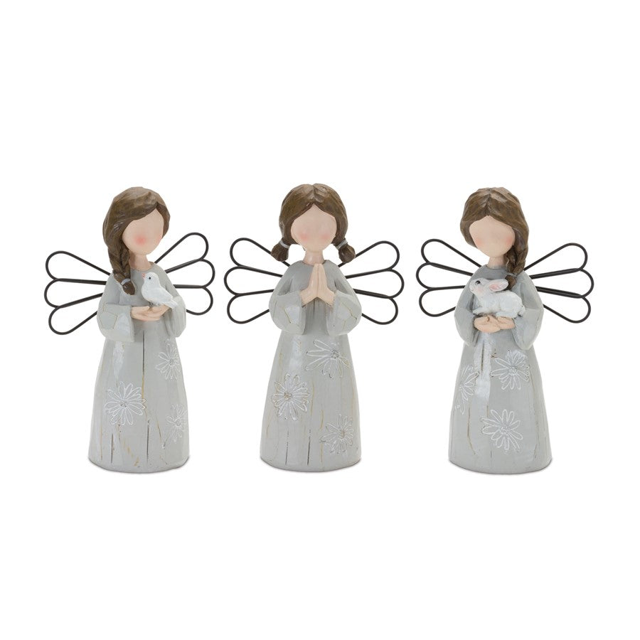 Melrose Floral Etched Angel Figurine, Set of 3, Grey/Brown - 88052DS