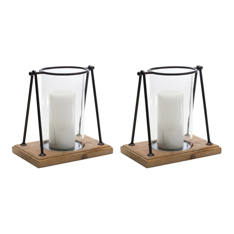 Melrose Modern Framed Candle Holder/Wood Base, Set of 2, Brown/Black