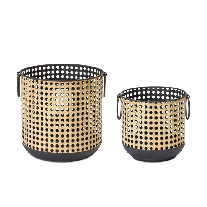 Melrose Punched Candle Holder/Rattan Design, Set of 2, Black/Brown - 88067DS