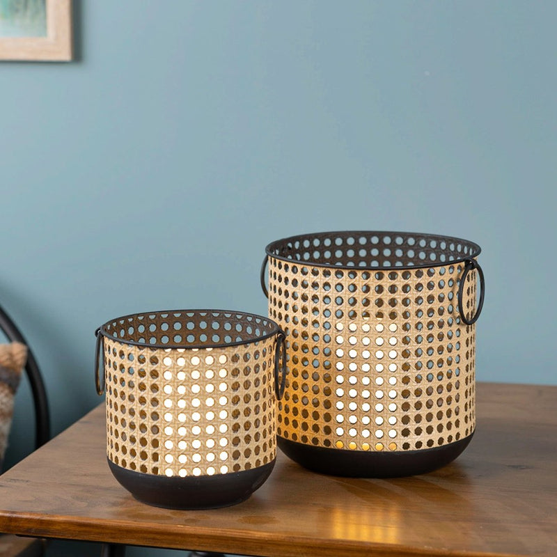 Melrose Punched Candle Holder/Rattan Design, Set of 2, Black/Brown