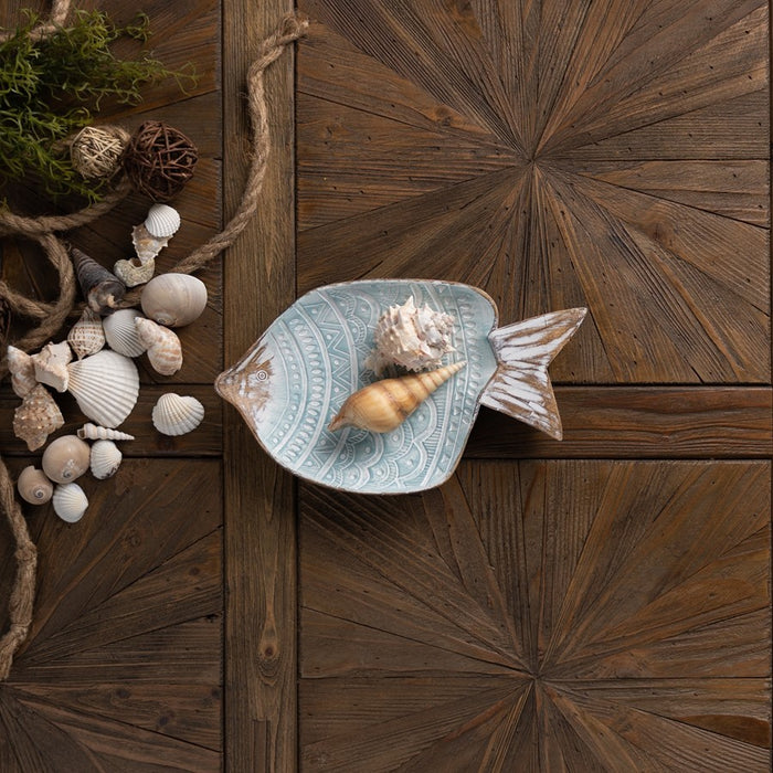 Melrose International Geometric Etched Fish Bowl 11.5"L, Blue/White