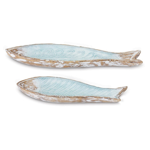 Melrose Int. Geo Etched Fish Plate, Set of 2, Blue/Brown - 88083DS
