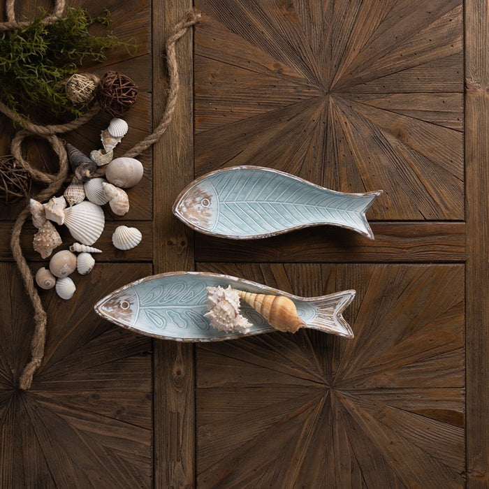 Melrose Int. Geo Etched Fish Plate, Set of 2, Blue/Brown