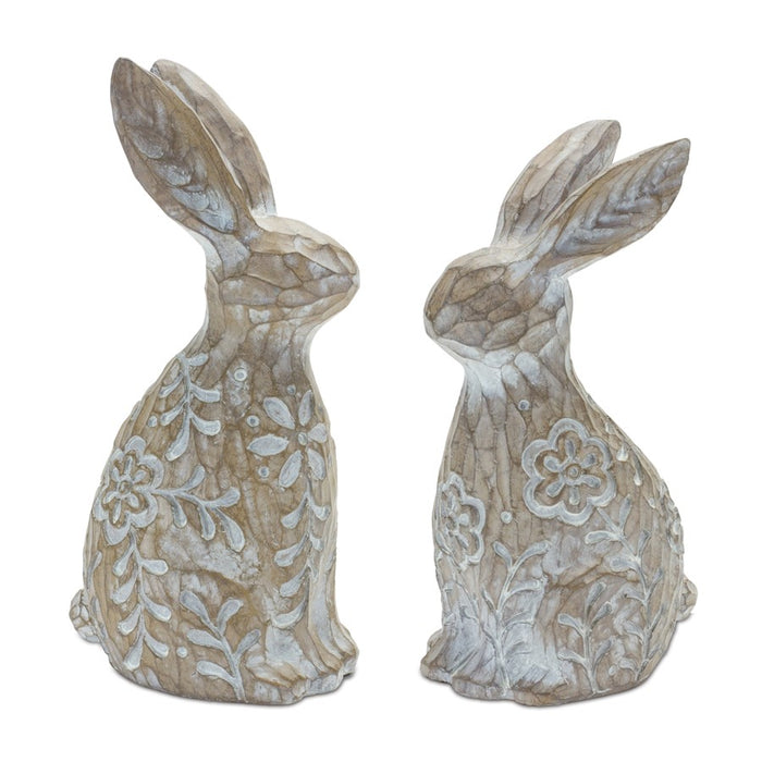 Melrose Floral Carved Rabbit Figurine, Set of 2, Brown/White - 88084DS