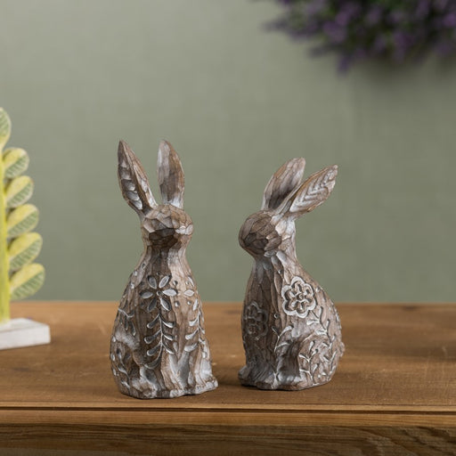 Melrose Floral Carved Rabbit Figurine, Set of 2, Brown/White