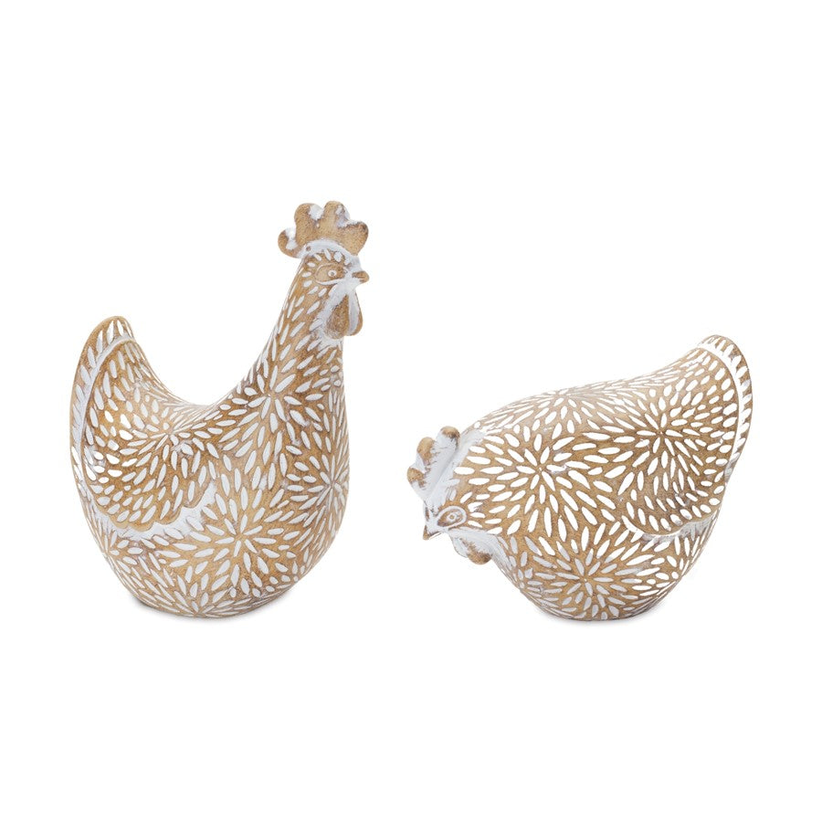 Melrose International Etched Chicken Figurine, Set of 2, White/Brown - 88137DS