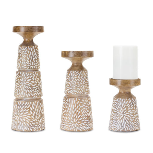 Melrose Etched Candle Holder/Wood GRain, Design, Set of 3, Brown/White - 88139DS