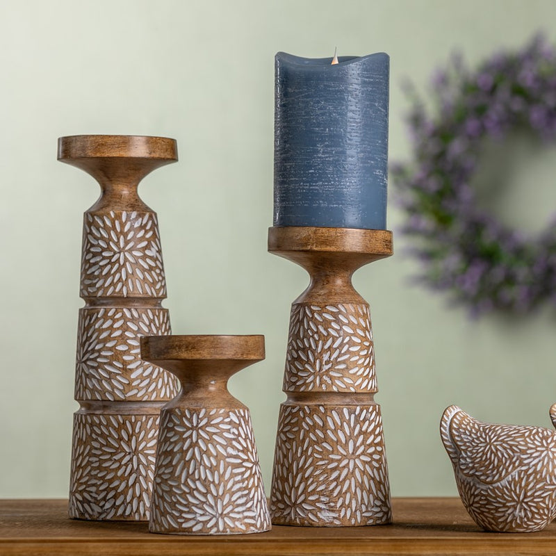 Melrose Etched Candle Holder/Wood GRain, Design, Set of 3, Brown/White