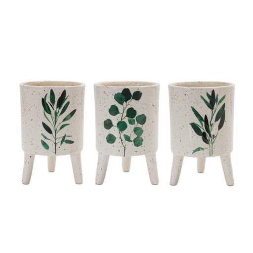 Melrose Footed Foliage Print Planter, Set of 3, White/Green - 88158DS
