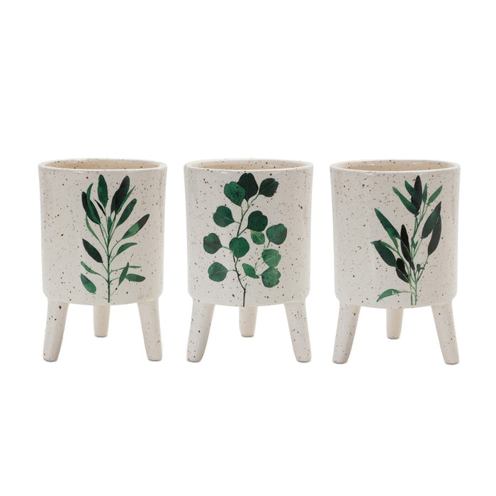 Melrose Footed Foliage Print Planter, Set of 3, White/Green - 88158DS