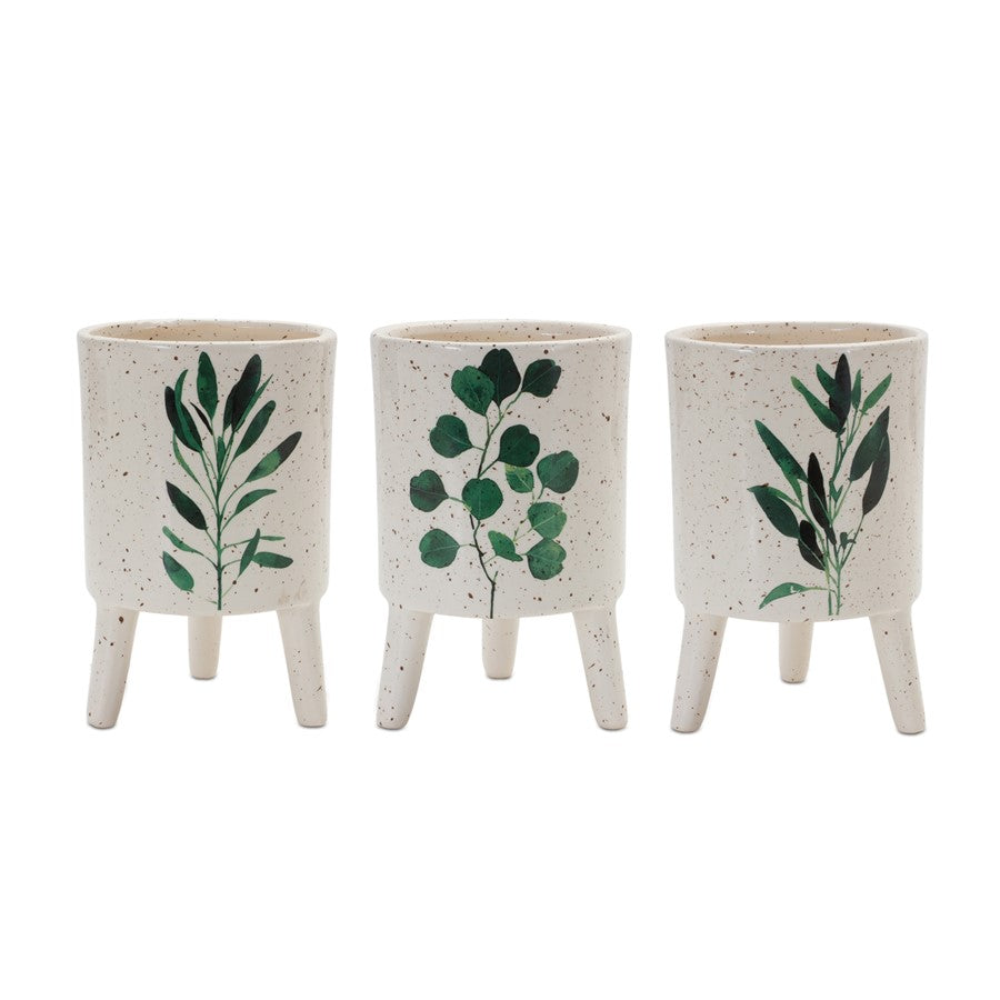 Melrose Footed Foliage Print Planter, Set of 3, White/Green - 88158DS