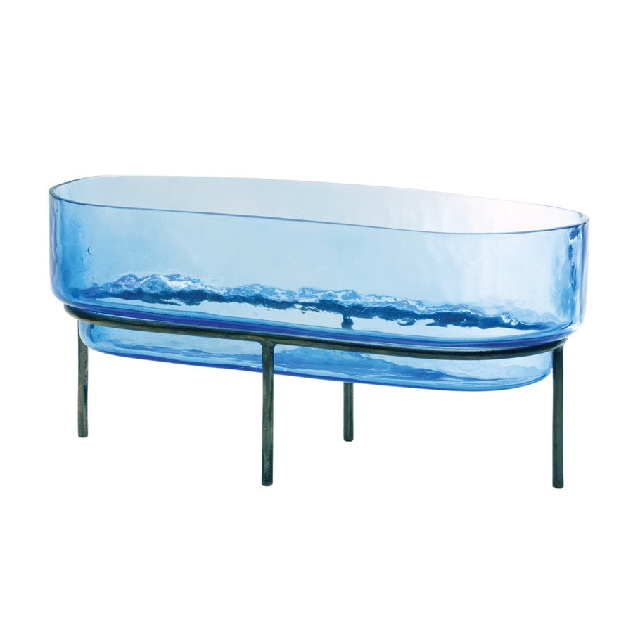 Melrose International Glass Bowl/Metal Stand 11.75"L, Blue - 88160DS