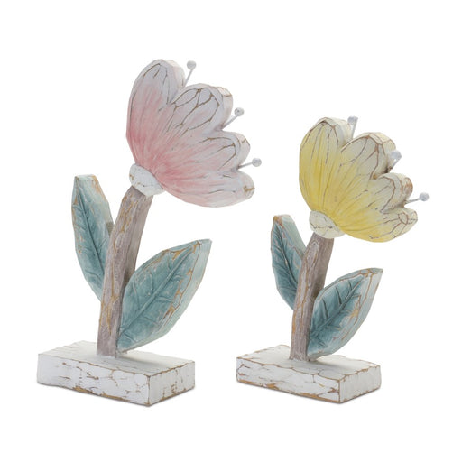 Melrose International Carved Floral Decor, Set of 2, Pink/Green/White - 88184DS