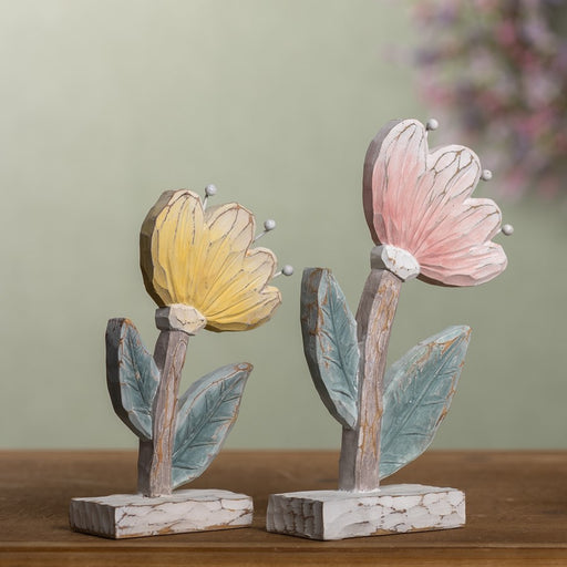Melrose International Carved Floral Decor, Set of 2, Pink/Green/White