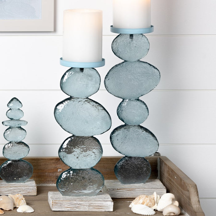 Melrose Stacking Rocks Candle Holder, Set of 2, Blue/White