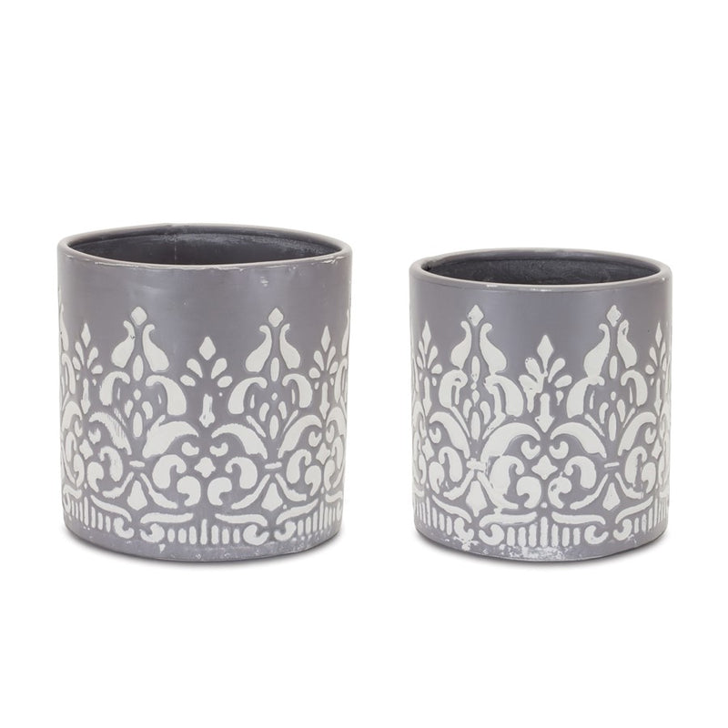 Melrose International Ornate Metal Planter, Set of 2, Grey/White - 88204DS
