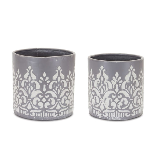 Melrose International Ornate Metal Planter, Set of 2, Grey/White - 88204DS