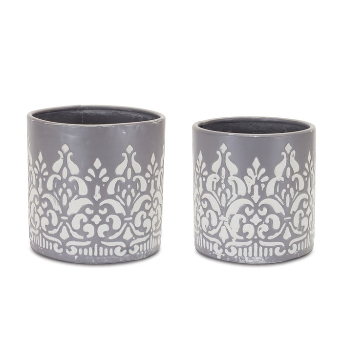 Melrose International Ornate Metal Planter, Set of 2, Grey/White - 88204DS
