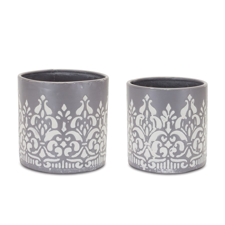 Melrose International Ornate Metal Planter, Set of 2, Grey/White - 88204DS