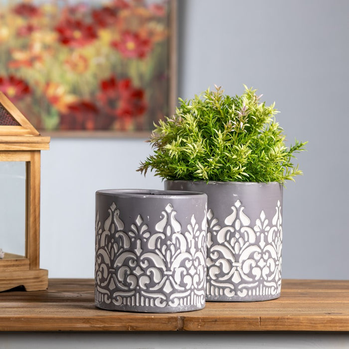 Melrose International Ornate Metal Planter, Set of 2, Grey/White