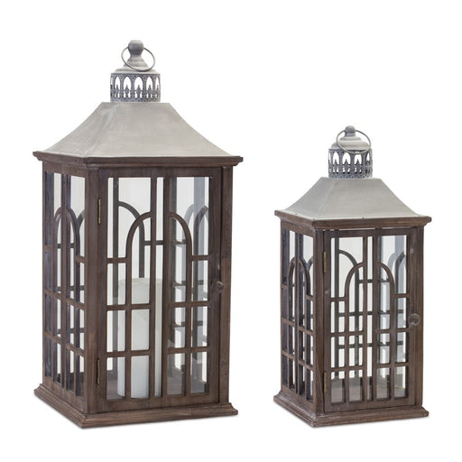 Melrose International Wood Lantern/Metal Lid, Set of 2, Grey/Brown - 88233DS