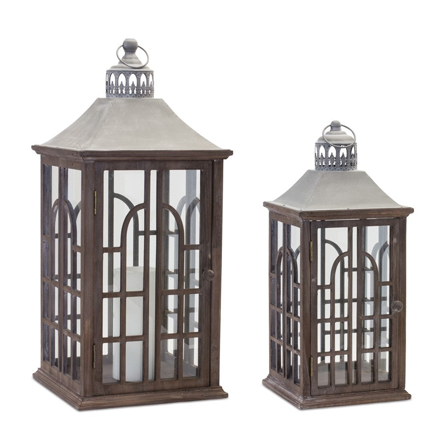 Melrose International Wood Lantern/Metal Lid, Set of 2, Grey/Brown - 88233DS