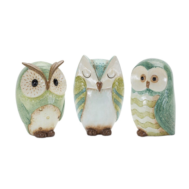 Melrose Terra Cotta Owl Figurine (Set of 3), Blue/Green/White - 88294DS