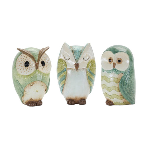Melrose Terra Cotta Owl Figurine, Set of 3, Blue/Green/White - 88294DS