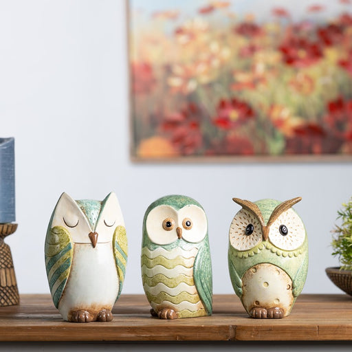 Melrose Terra Cotta Owl Figurine, Set of 3, Blue/Green/White