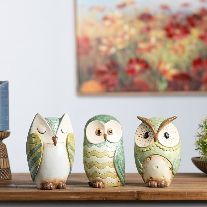 Melrose Terra Cotta Owl Figurine (Set of 3), Blue/Green/White