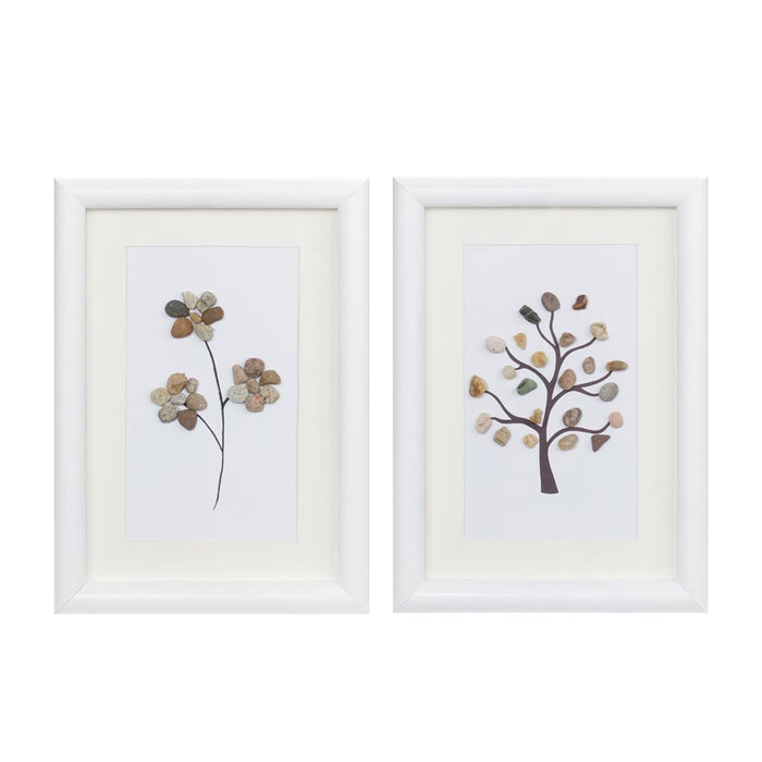 Melrose Framed Tree/Floral Pebble Art, Set of 2, White/Brown - 88325DS