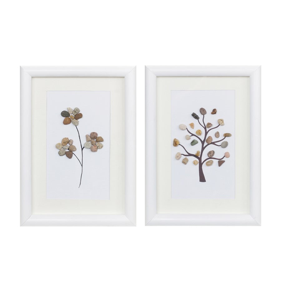 Melrose Framed Tree/Floral Pebble Art, Set of 2, White/Brown - 88325DS