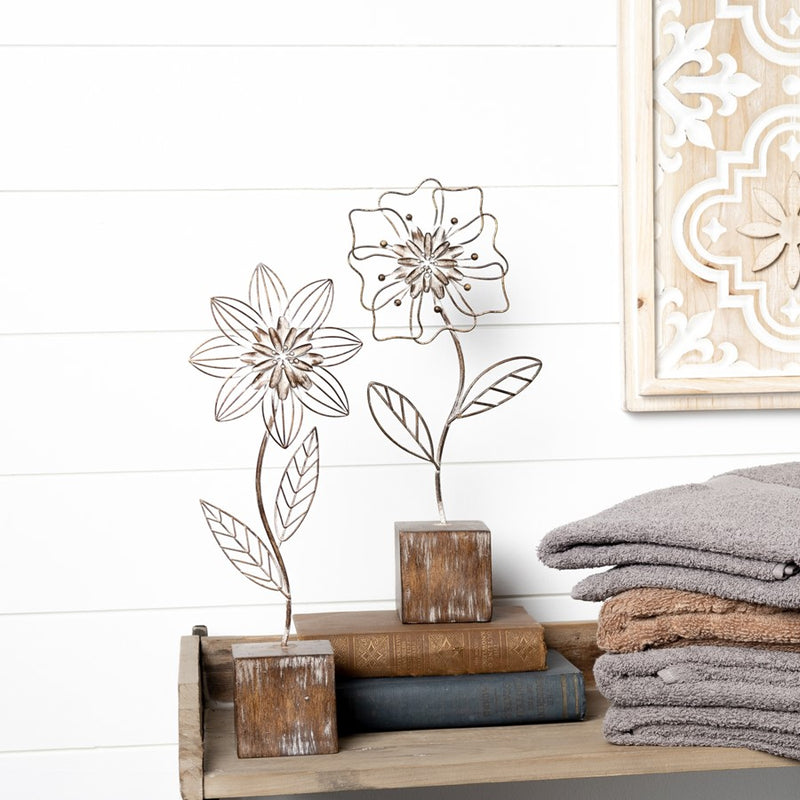 Melrose International Metal Floral Decor, Set of 2, Brown/White