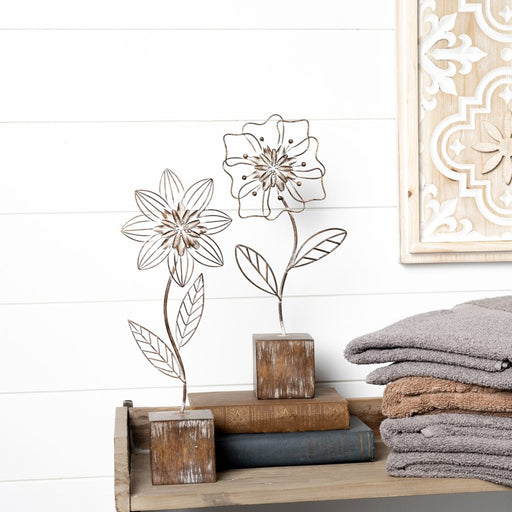 Melrose International Metal Floral Decor, Set of 2, Brown/White