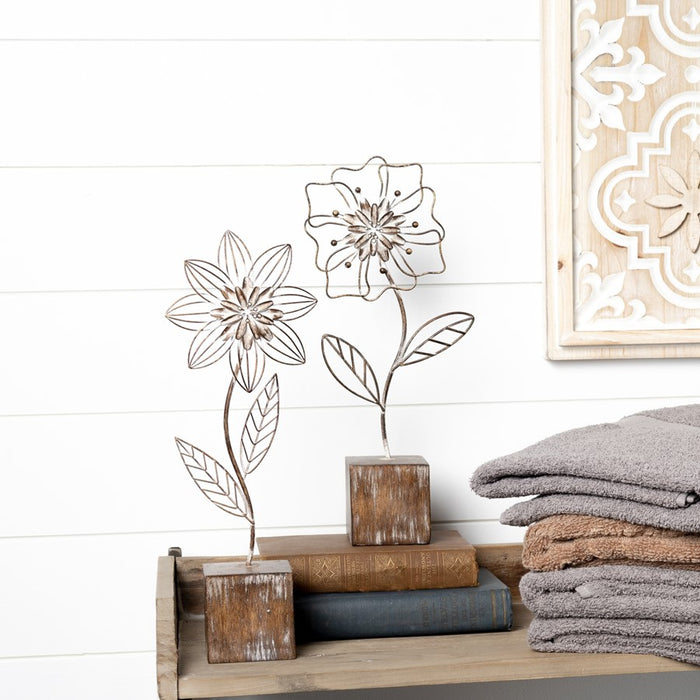 Melrose International Metal Floral Decor, Set of 2, Brown/White