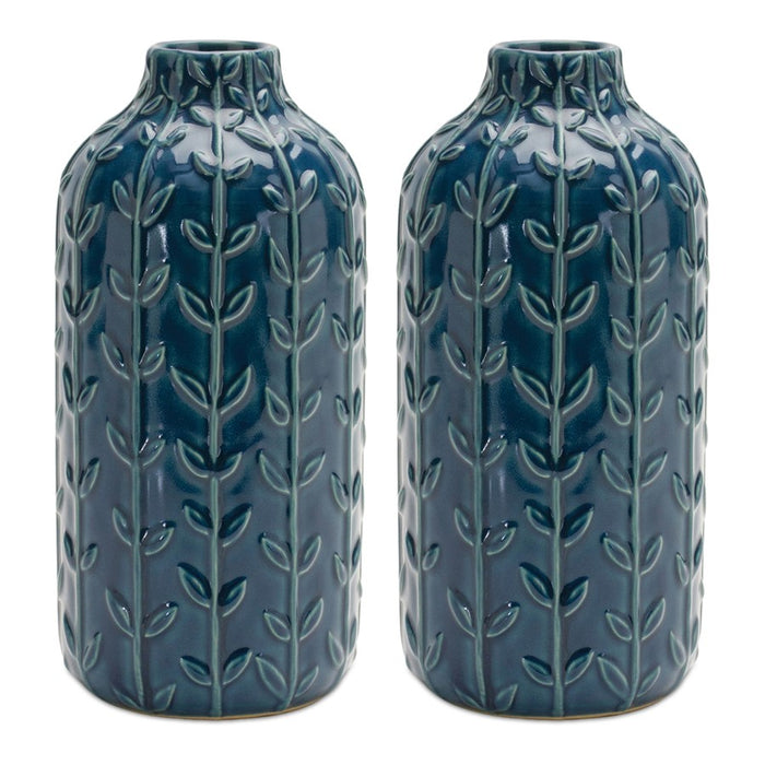 Melrose International Ceramic Leaf Pattern Vase, Set of 2