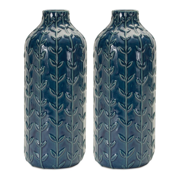 Melrose International Ceramic Leaf Pattern Vase, Set of 2, Blue