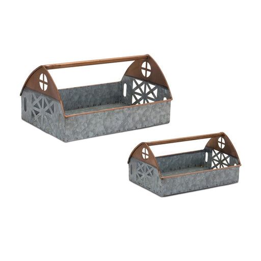 Melrose Galvanized Metal Barn Caddy Tray, Set of 2, Copper/Silver - 88382DS