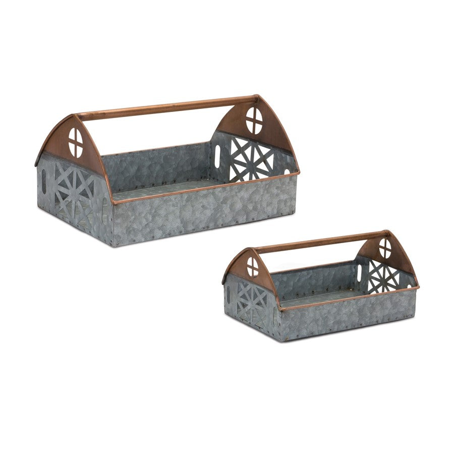 Melrose Galvanized Metal Barn Caddy Tray, Set of 2, Copper/Silver - 88382DS
