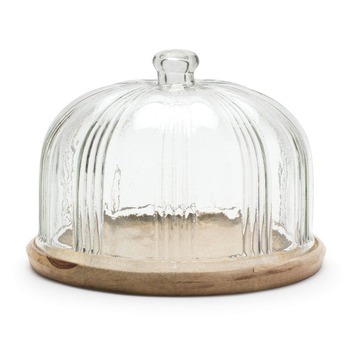 Melrose International Glass Cloche/Wood Plate 10.5"D, Brown - 88383DS