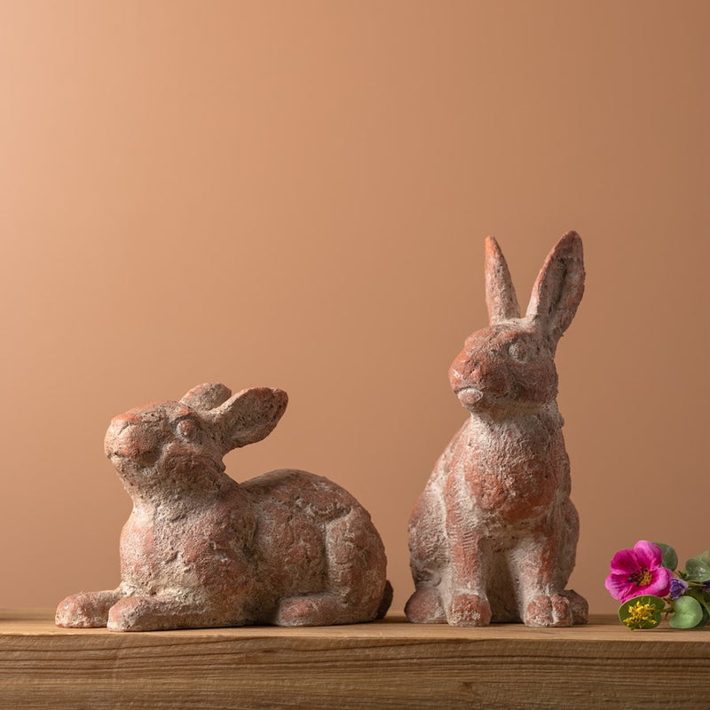 Melrose Distressed Garden Rabbit Statue, Set of 2, Pink/Grey