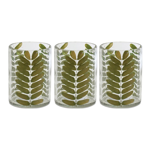 Melrose International Dried Leaf Glass Candle Holder, Set of 3, Green