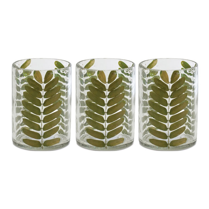 Melrose International Dried Leaf Glass Candle Holder, Set of 3, Green