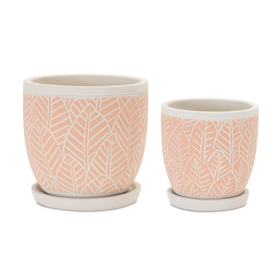 Melrose International Stone Planter/Plate, Set of 2, White/Pink - 88448DS