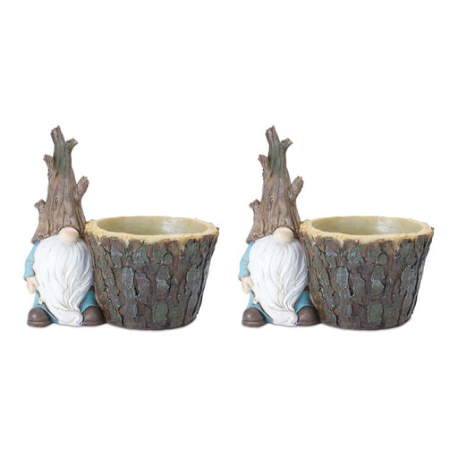 Melrose International Tree Trunk Gnome Planter, Set of 2, Brown/Blue