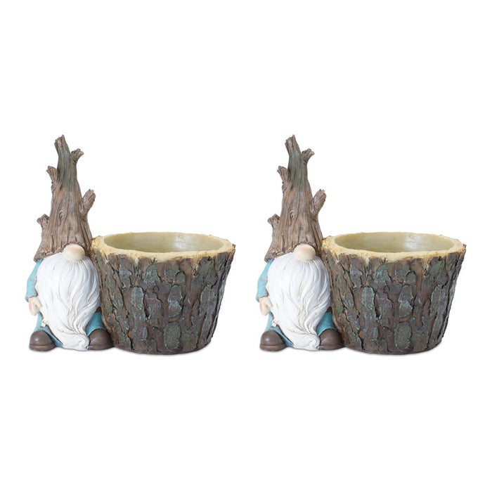 Melrose International Tree Trunk Gnome Planter, Set of 2, Brown/Blue