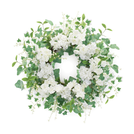 Melrose International Hydrangea/Ivy Leaf Wreath 21.5"D, Green/White - 88574DS