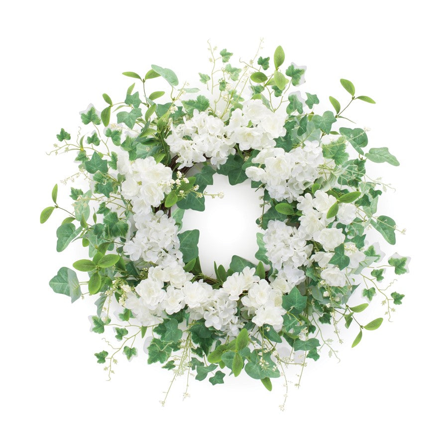Melrose International Hydrangea/Ivy Leaf Wreath 21.5"D, Green/White - 88574DS