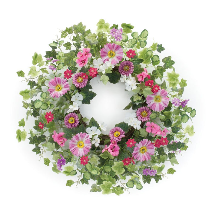 Melrose International Mixed Floral/Ivy Leaf Wreath 24.5"D, Green/Pink - 88580DS